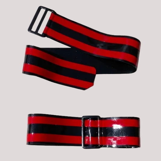 Two views of a wide bicep belt with alternating red and black horizontal stripes and a glossy black buckle, shown on a light gray background.