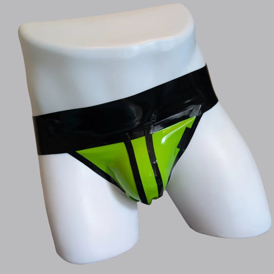 A glossy black and neon green men's briefs or thong-style underwear displayed on a white mannequin torso.