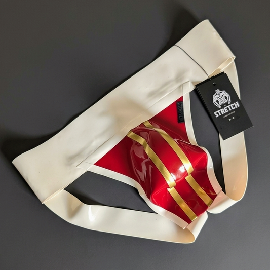 White Wide Band Latex Jock - Jam Red & Gold
