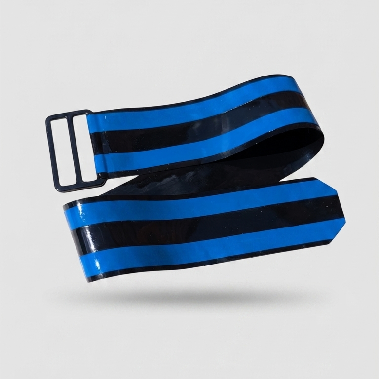 A bicep band with alternating bright blue and black horizontal stripes, featuring a black metal buckle, shown floating against a light gray background.