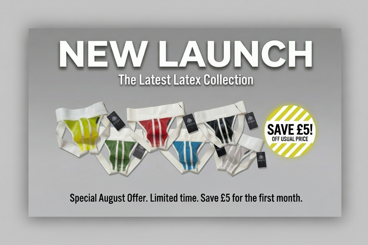 Promotional banner for a 'NEW LAUNCH' latex collection, showing five pairs of white boxer briefs in yellow, green, red, blue, and black-and-white patterns. The image includes promotional text 'SAVE £5! OFF USUAL PRICE' and a 'SHOP NOW' button on a gray background.