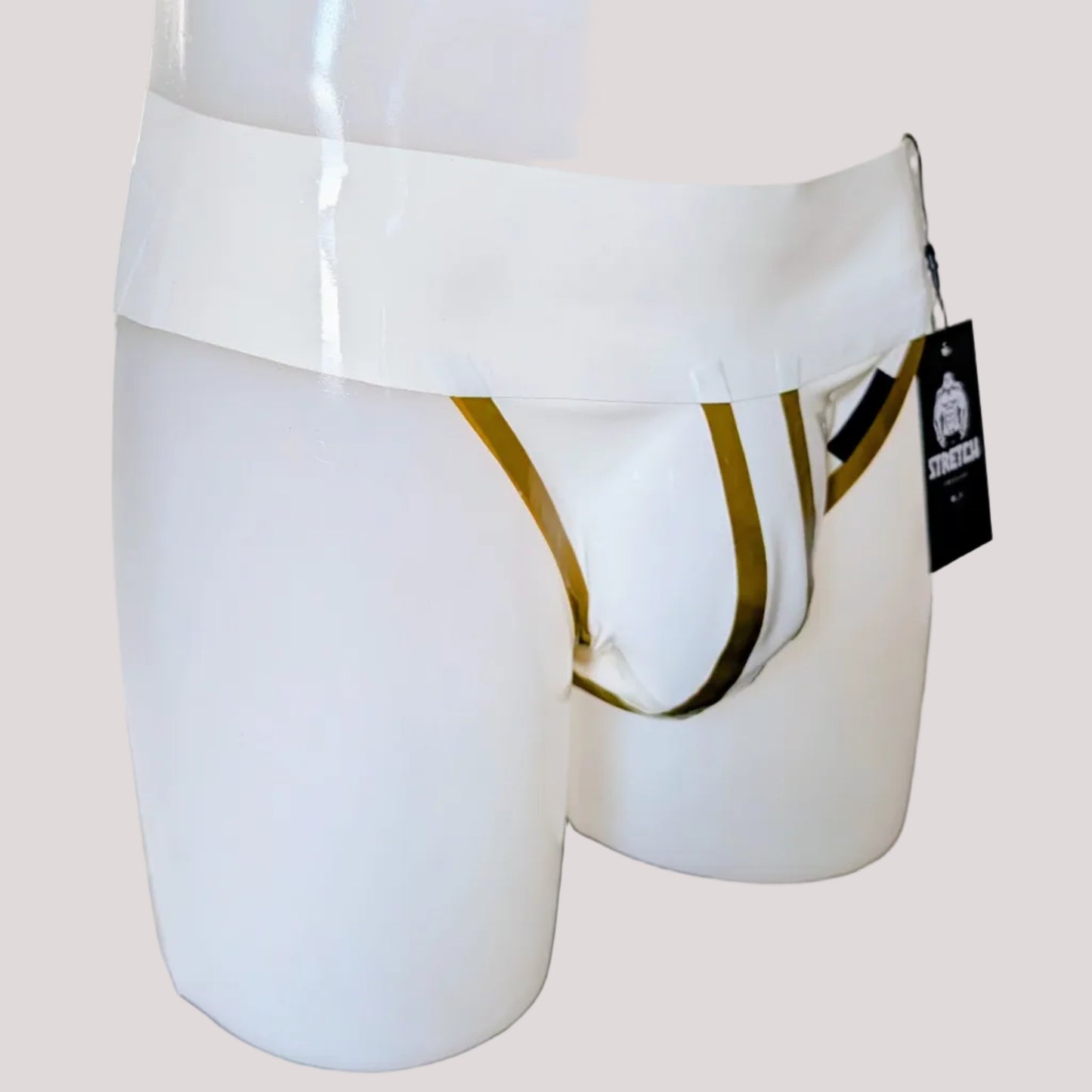 White Wide Band Latex Jock - Gold Stripe