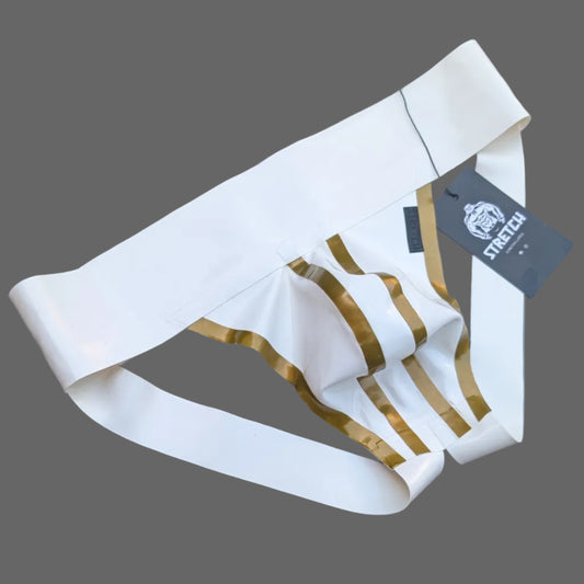 White Wide Band Latex Jock - Gold Stripe