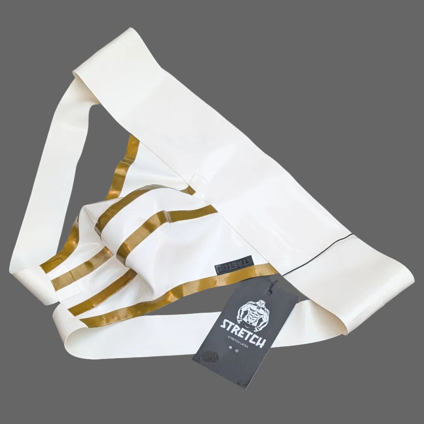 White Wide Band Latex Jock - Gold Stripe