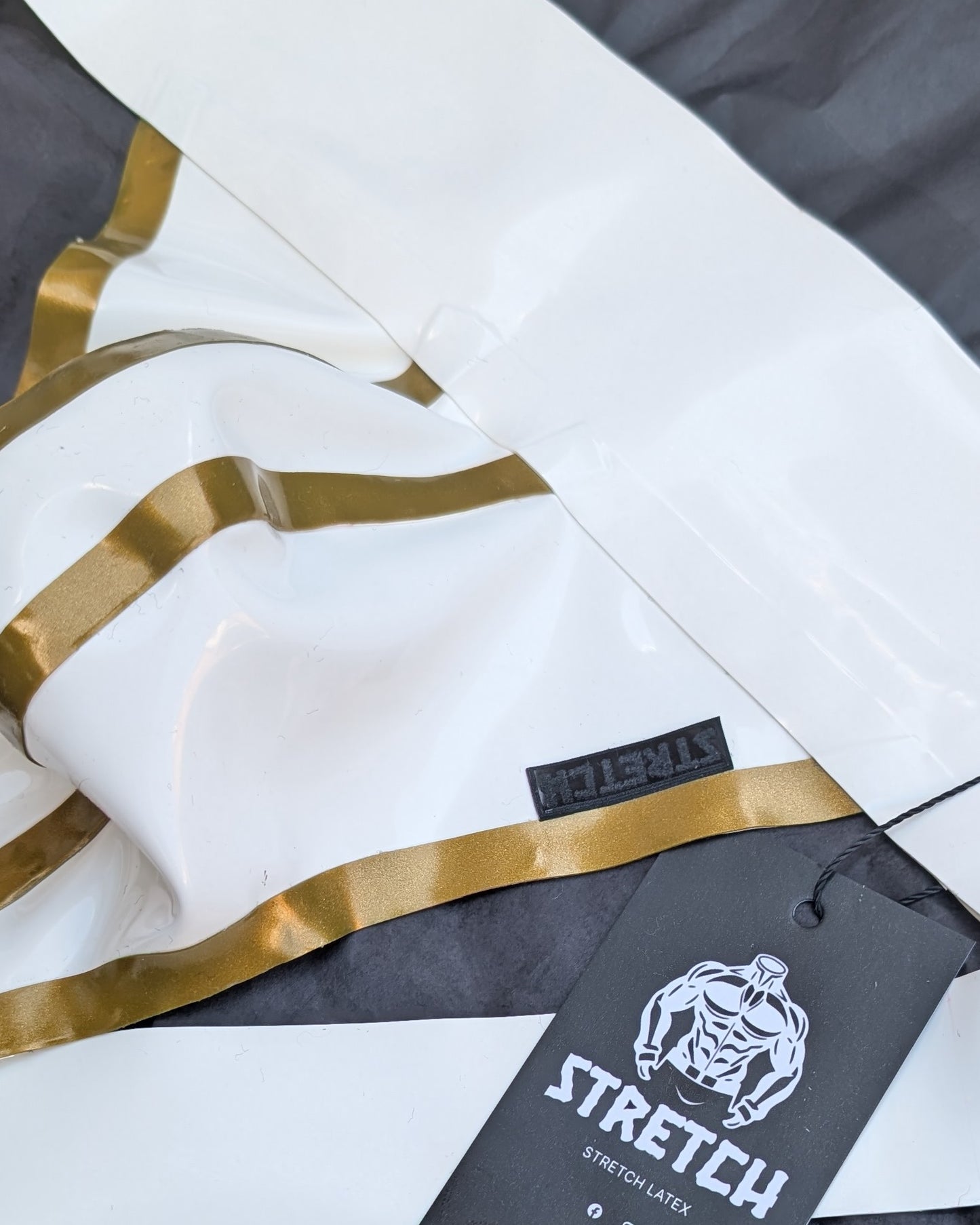 White Wide Band Latex Jock - Gold Stripe