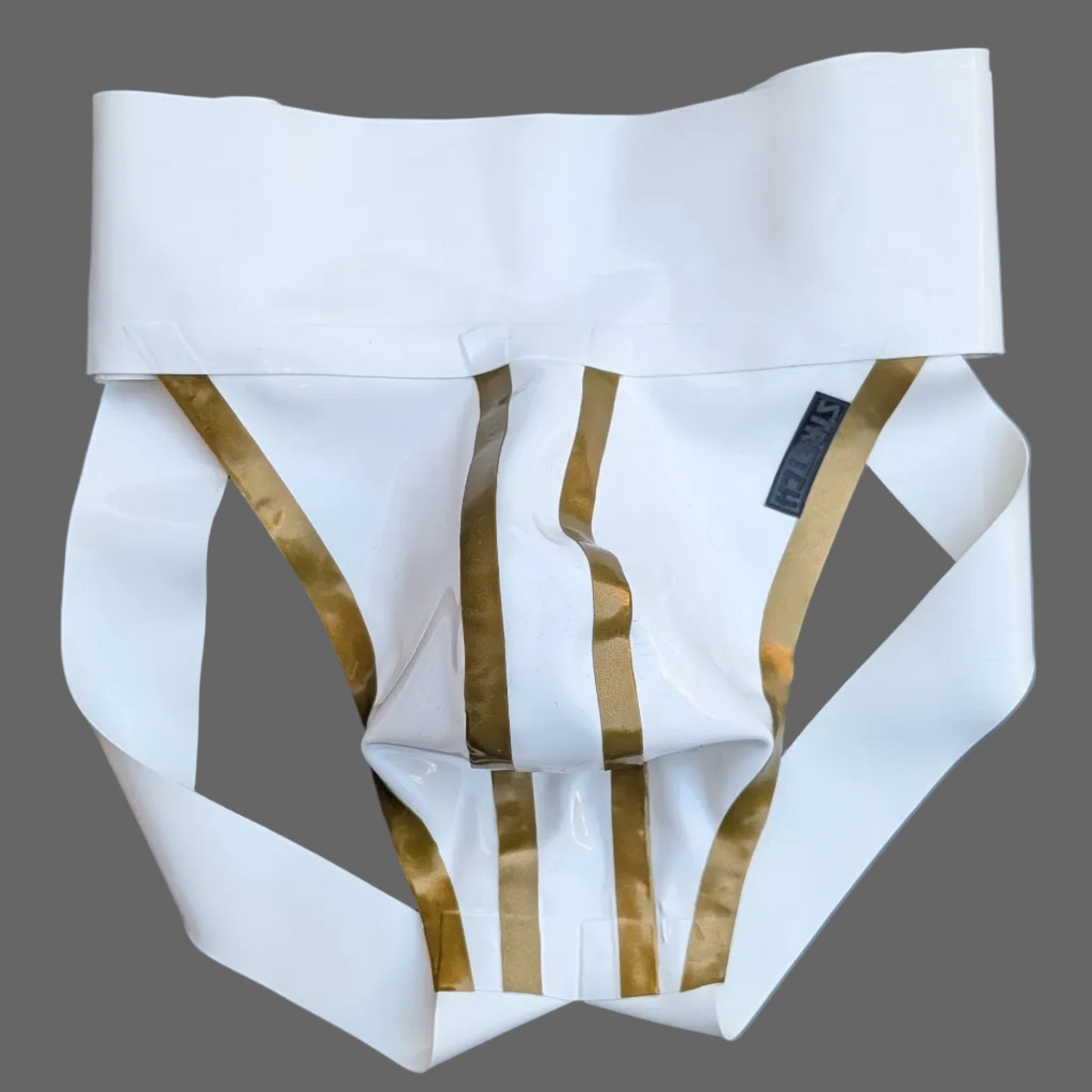 White Wide Band Latex Jock - Gold Stripe