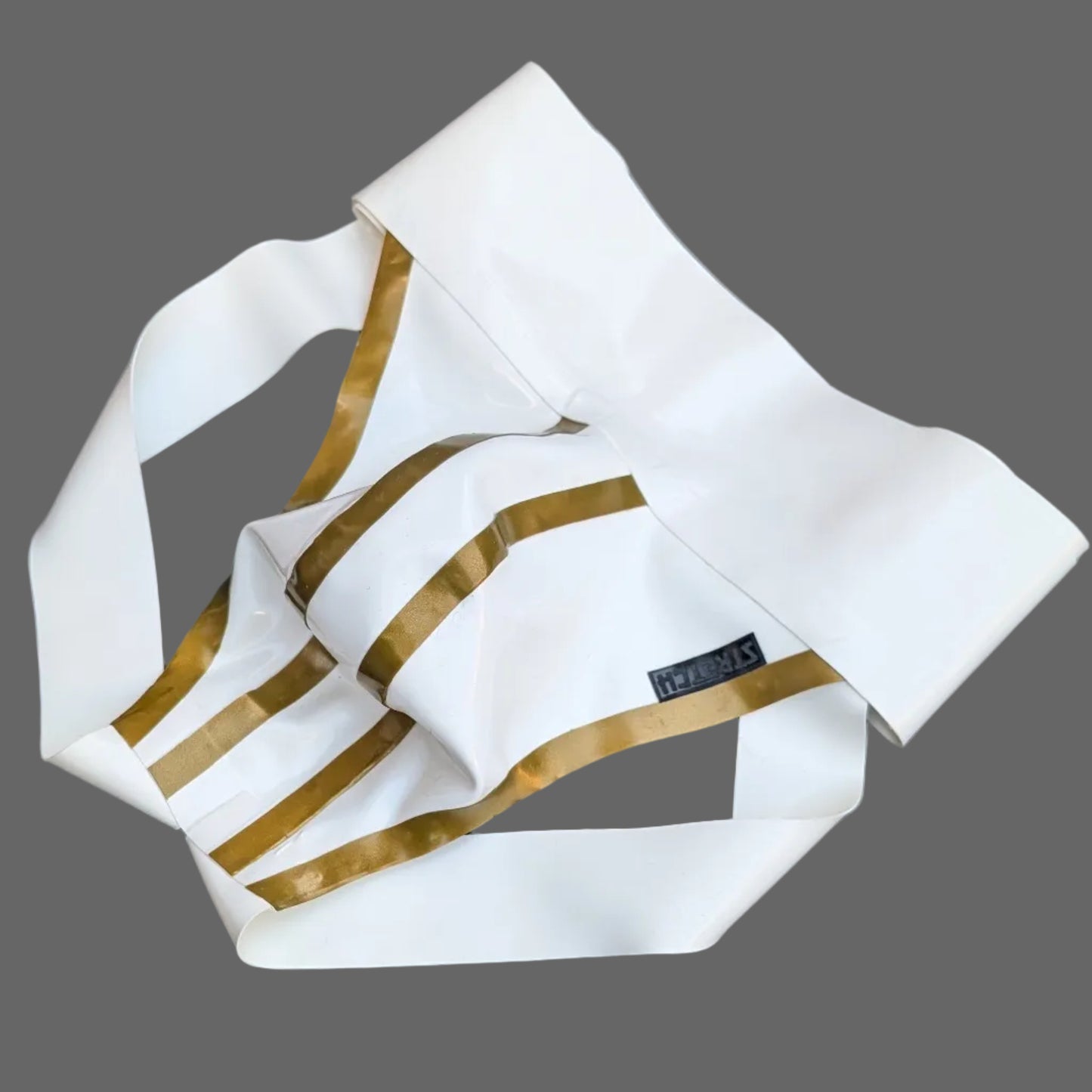 White Wide Band Latex Jock - Gold Stripe