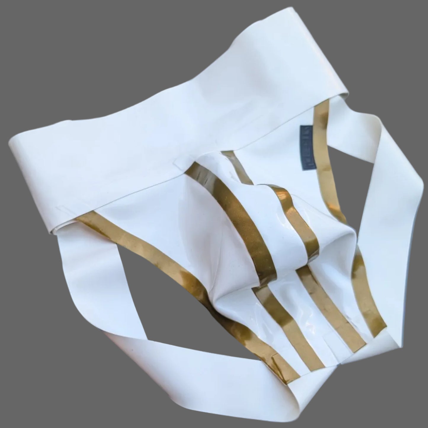 White Wide Band Latex Jock - Gold Stripe