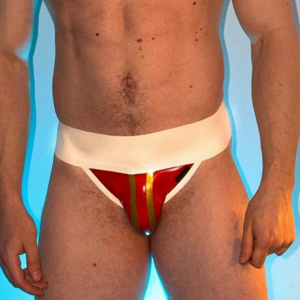 White Wide Band Latex Jock - Jam Red & Gold