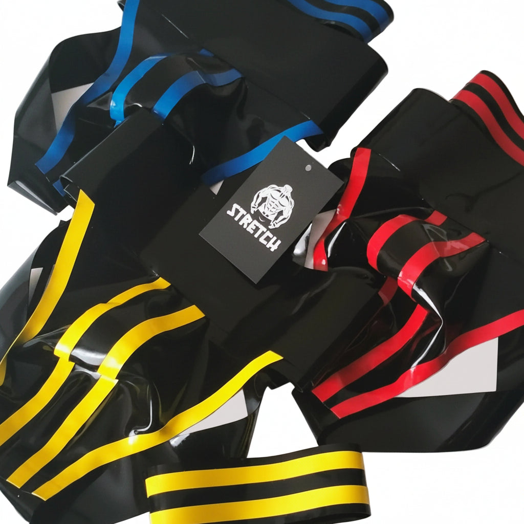 Black Jock straps with colourful stripes on a white background, featuring a 'STRETCH' brand tag.